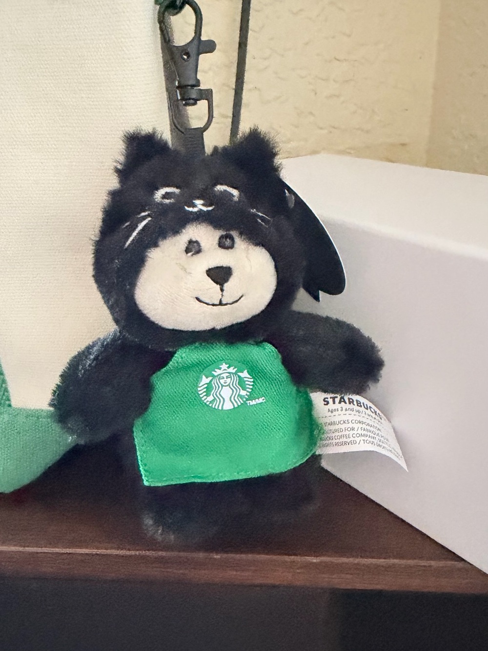 Starbucks Black Bear Plush Keychain with Green Apron